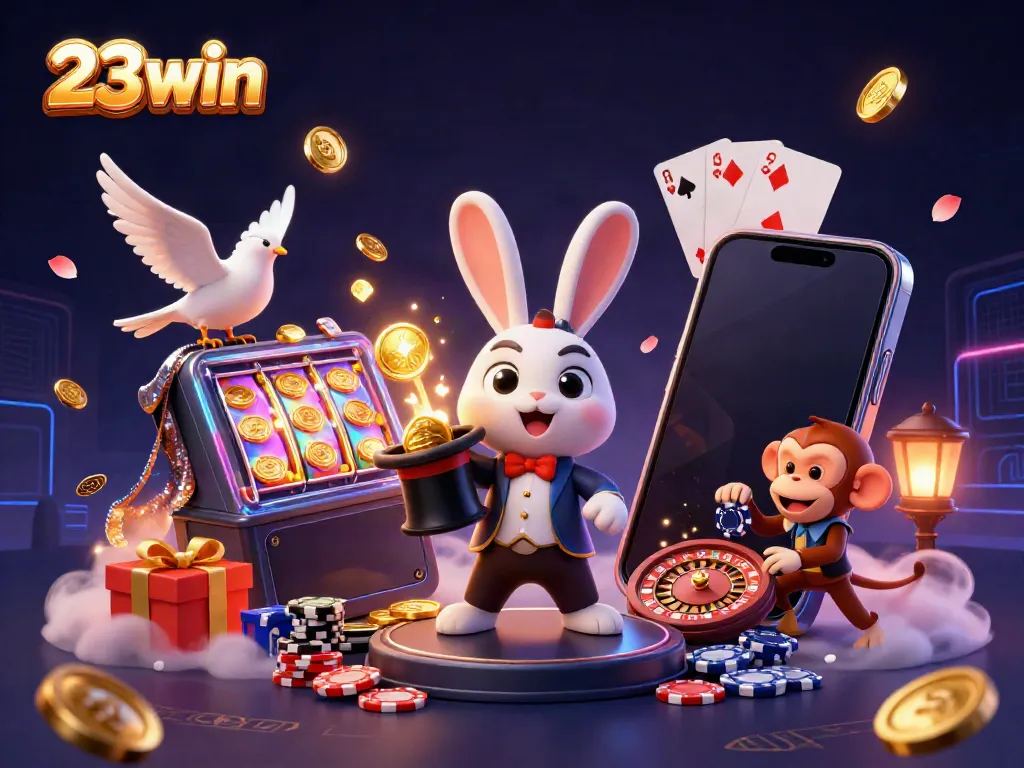 Experience the thrill of 23win with a dazzling scene of a magician, dove, and monkey amidst gold coins and vibrant casino elements.