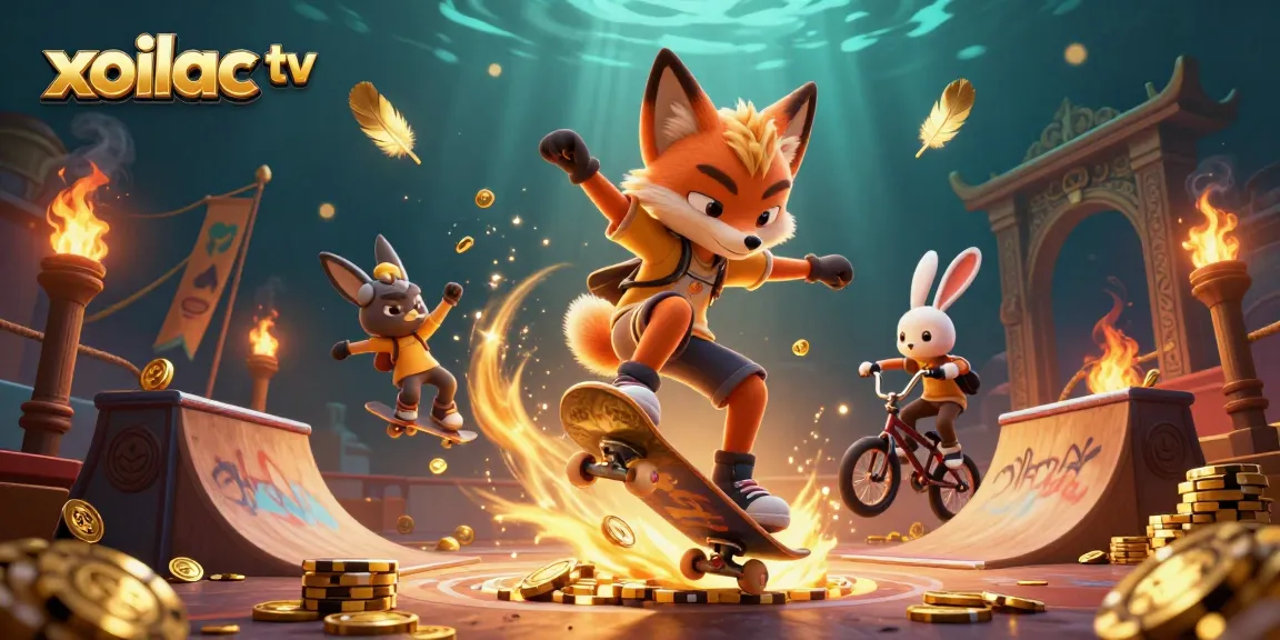 Xoilac TV features a cartoon fox and rabbit in a vibrant casino scene showcasing dynamic sports gambling actions.