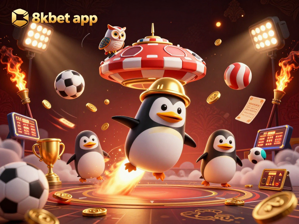 Engage with the exciting 8xbet app through a dynamic illustration of a golden penguin in space.