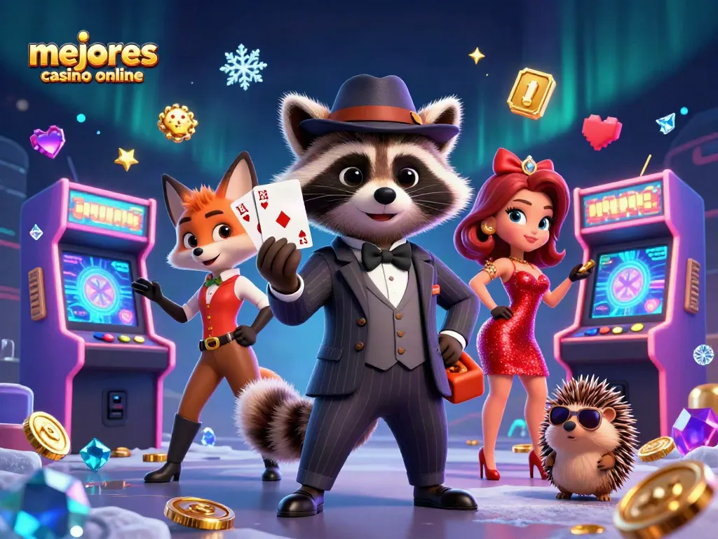 Los mejores casino online presentan a un mapache elegante jugando con combinación de cartas en un ambiente vibrante.