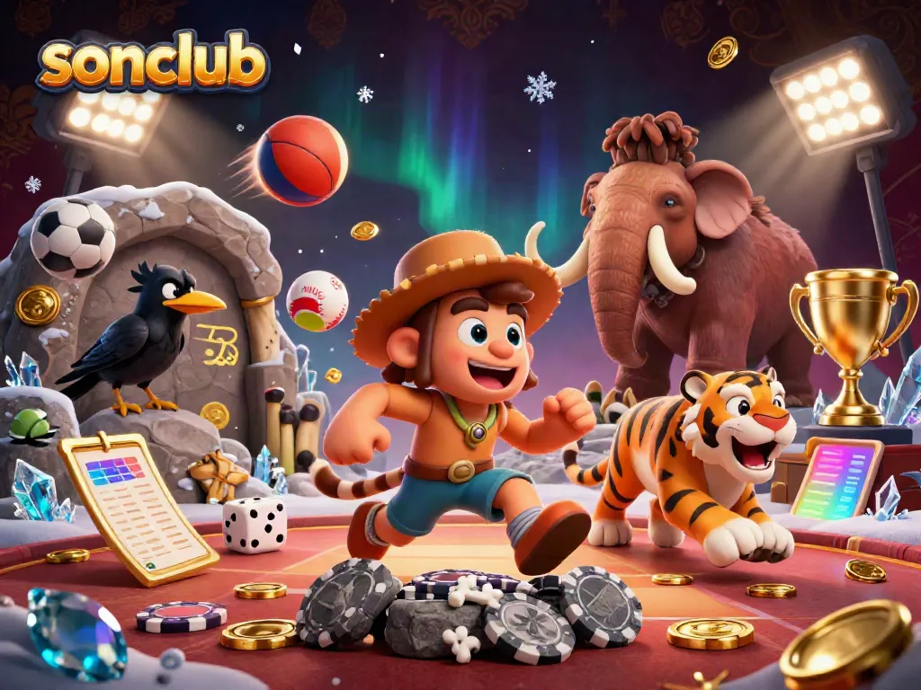 sonclub showcases a lively gambling experience with caveman characters celebrating a big win in a prehistoric casino
