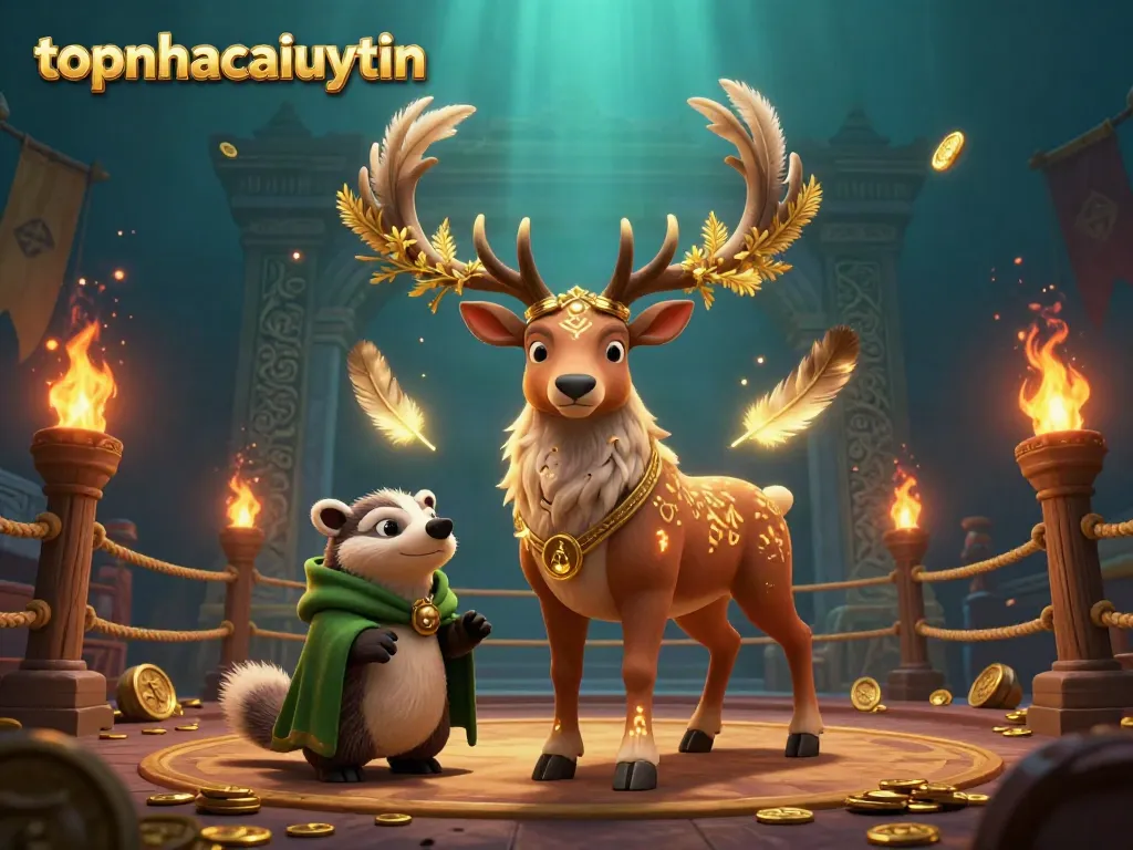 Experience the magic of topnhacaiuytin with an enchanting scene featuring a druid stag and gold coins.