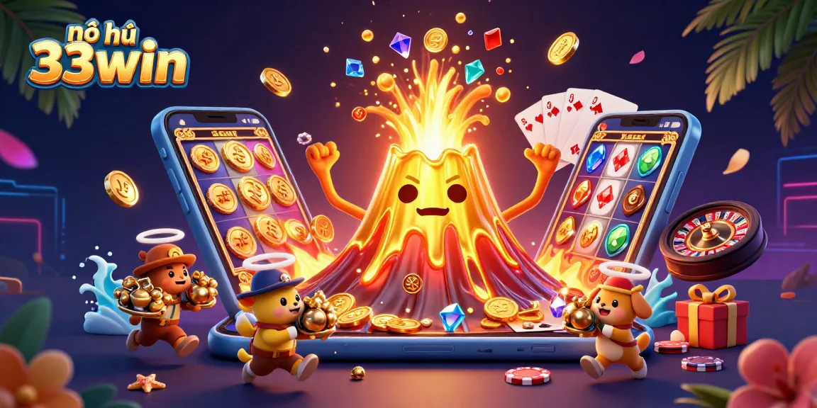 Nổ hũ 33win promotes thrilling jackpots, showcasing a vibrant scene with radiant treasures and dynamic gaming elements.