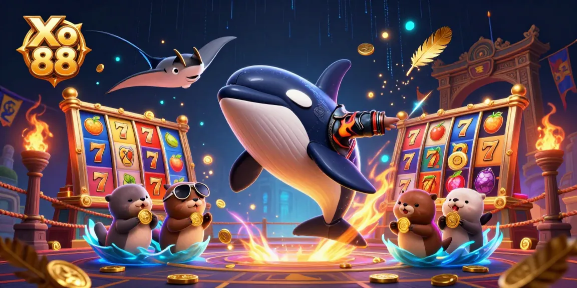 Experience thrilling gameplay at Xo 88 with a vibrant scene featuring a playful orca, stingray, and otters with coins.