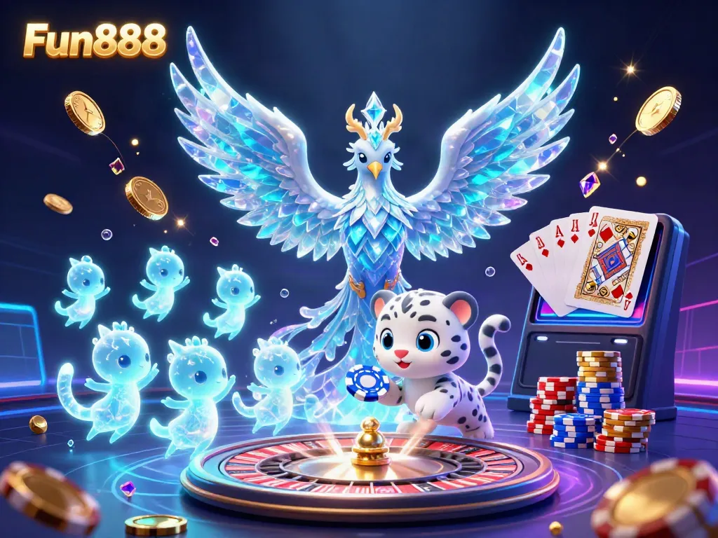 Fun888 offers a vibrant gaming experience with a magical phoenix, a playful snow leopard, and colorful casino elements.