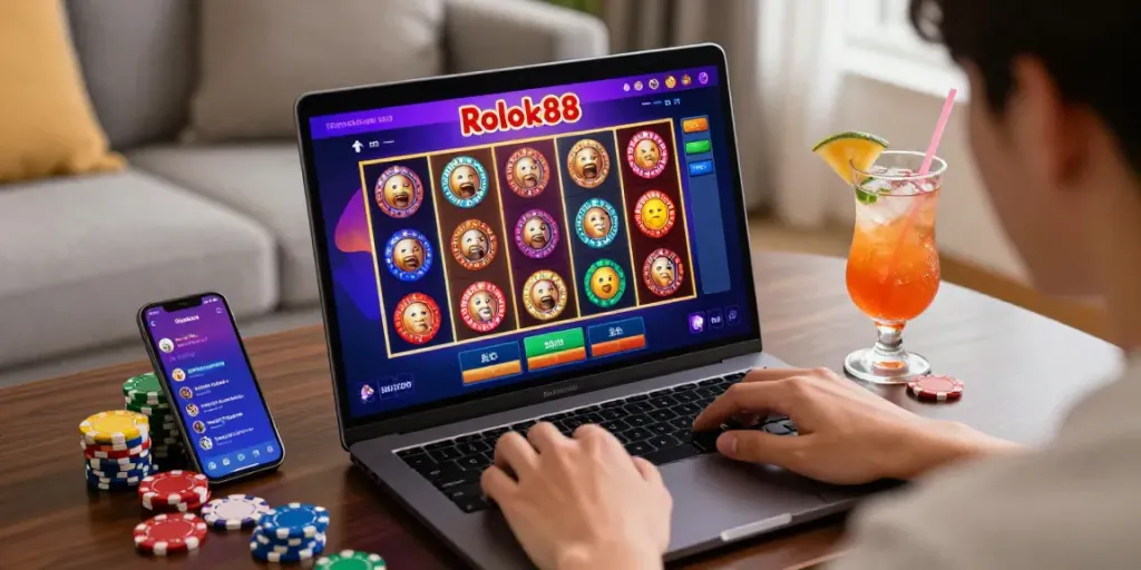 Engaging moment of a user on rokok88 slot login, showcasing vibrant online casino graphics and cozy gaming environment.