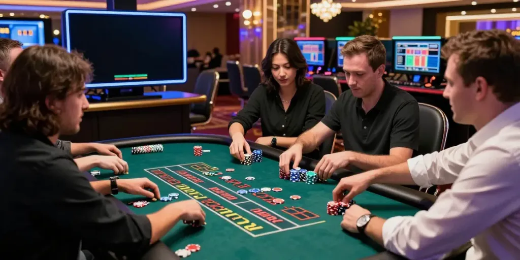 Engaging online casino game scene at https://fc88v1.com/ featuring live dealers, players, and colorful chips.