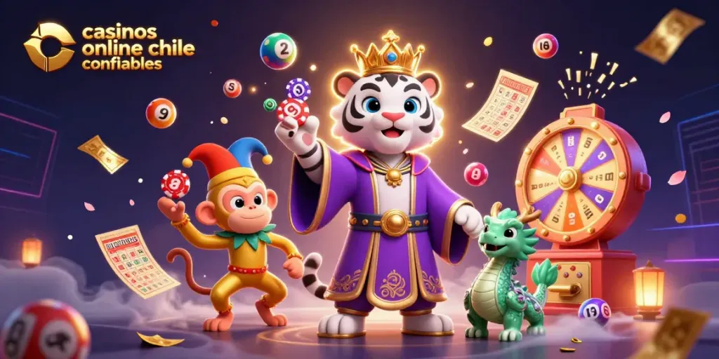 Juega en casinos online Chile confiables con un tigre elegante y un mono en un entorno lleno de premios.