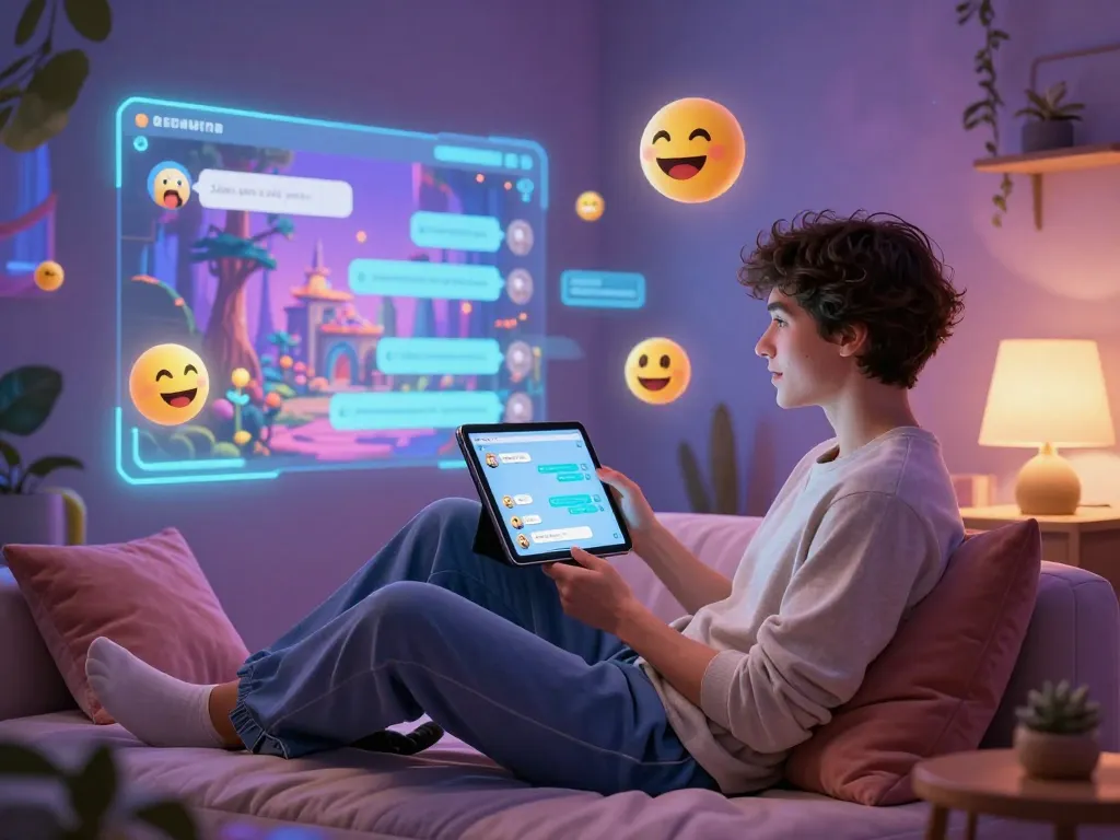 Dynamic NSFW chat scene with user engaging in lively conversation with AI character in a colorful digital environment.