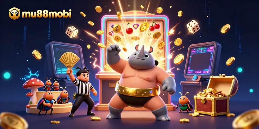 Experience thrilling action with mu88mobi's dynamic casino scene featuring vibrant characters and gold coin rewards.