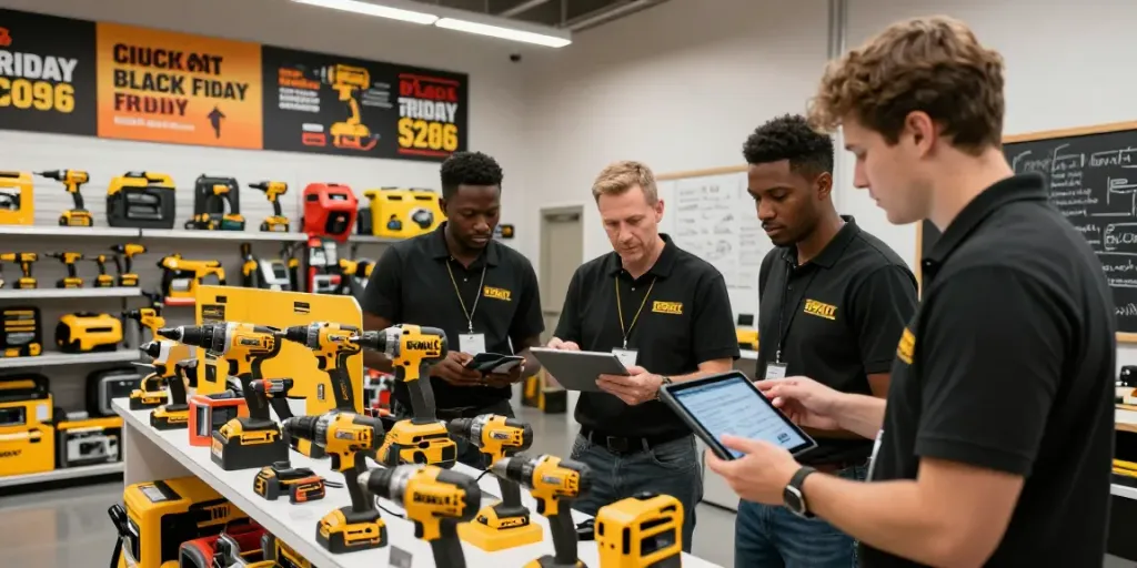Promoción del Black Friday Dewalt en un taller dinámico, con herramientas y profesionales colaborando.