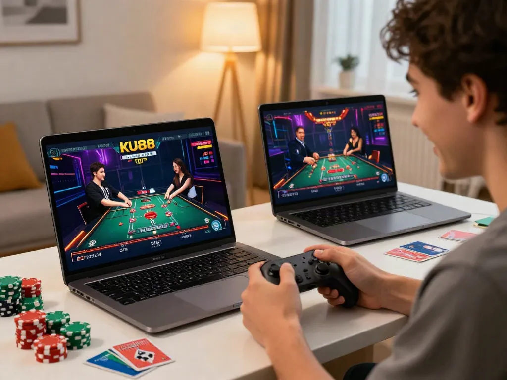 Player engaging with KU88 online gaming platform in a modern setup, highlighting excitement and accessibility.