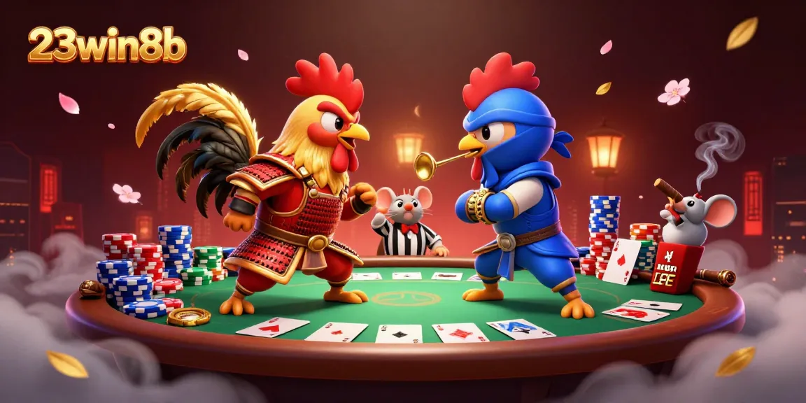 Engage with thrilling gaming moments at 23win8b, featuring dynamic casino action with fighting roosters and a vibrant poker scene.