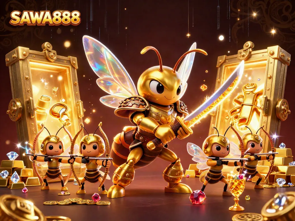 SAWA888 illustrated scene with a golden hornet samurai and bee archers exploring a treasure-filled casino.