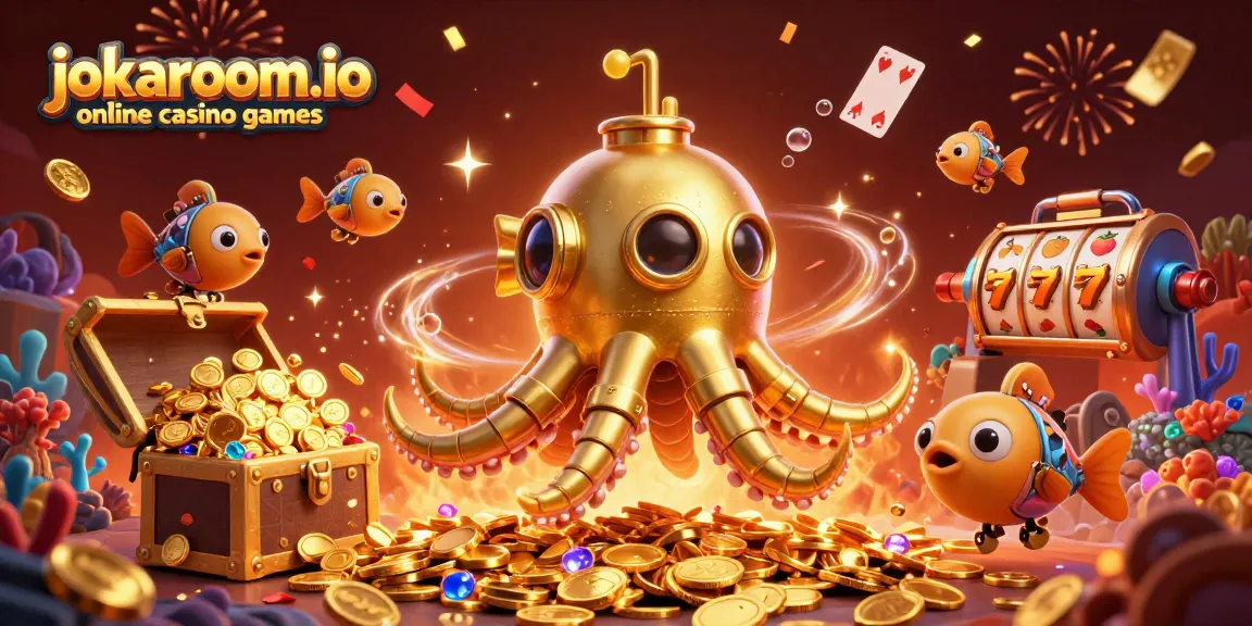 Experience jokaroom.io online casino games with a captivating kraken submarine amidst treasure and excitement.