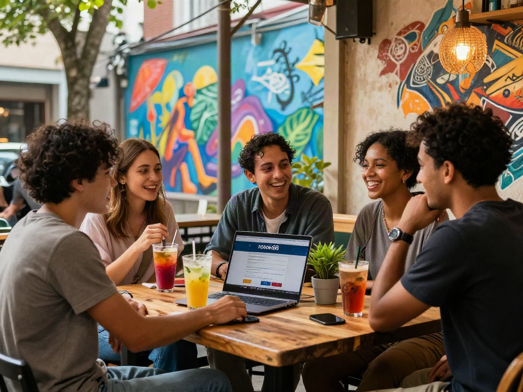 Friends enjoying a lively conversation at a cafe while exploring rokok88 daftar on a laptop.