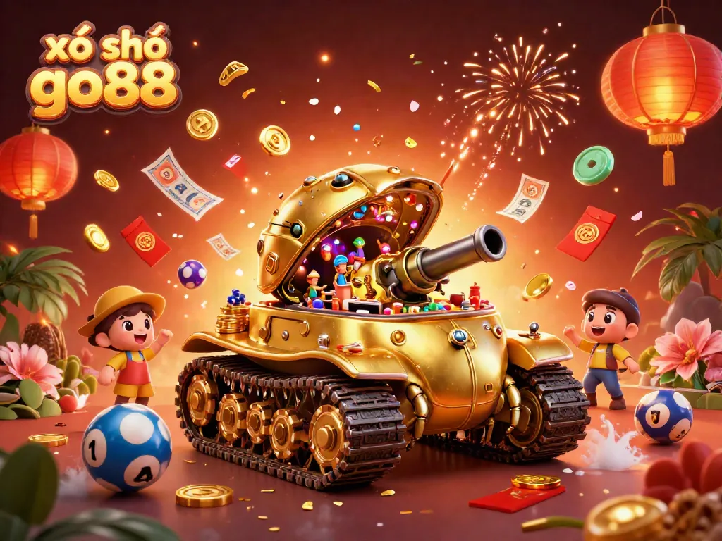 Experience the excitement of xổ số go88 with a vibrant scene featuring animated lottery elements and a dynamic casino atmosphere.