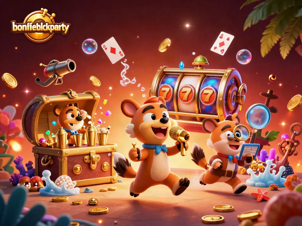 Experience excitement at bonfireblockparty with hyena characters performing casino fun.