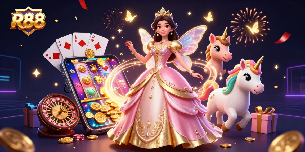 Spin and win at R88 in a whimsical casino scene featuring fairytale elements and vibrant colors.