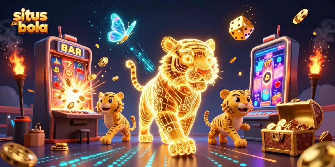 Situs judi bola menampilkan tiger neon 3D di lanskap kasino digital yang penuh dengan simbol buah dan jackpot.