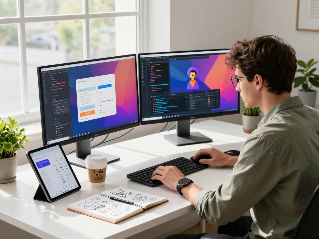 Developer creating a spicy AI chatbot in a tech workspace with vibrant coding on dual monitors and creative sketches.