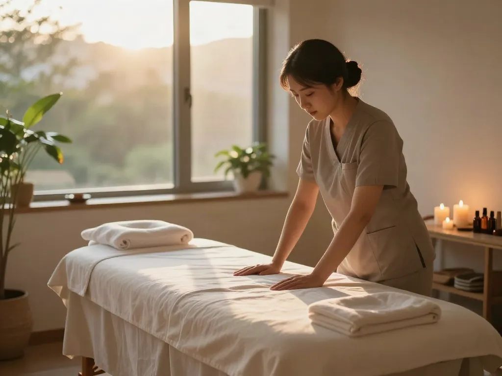 관악구출장안마 services in a serene massage therapy room with calming lighting and aromatherapy.