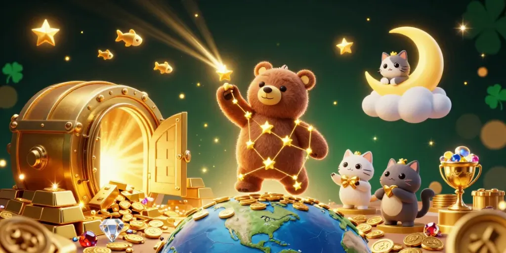 Experience thrilling casino action with a golden star bear scooping coins in an enchanting 3D scene.