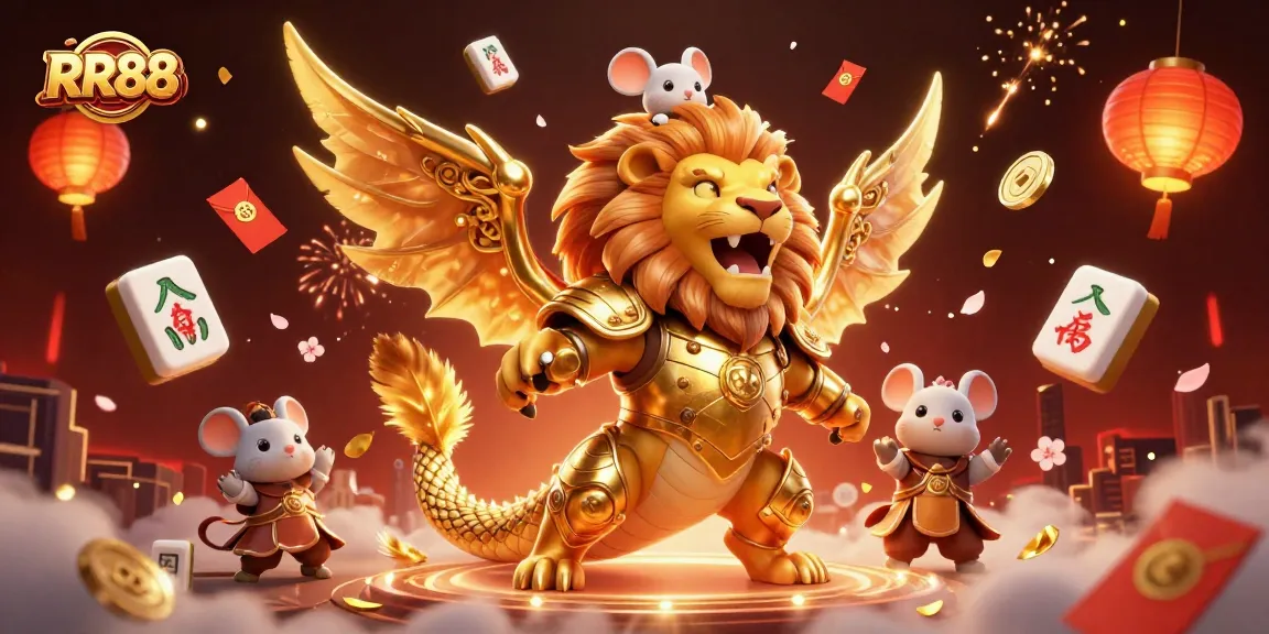 RR88 delivers thrilling gaming experiences with a golden chimera and vibrant casino elements.