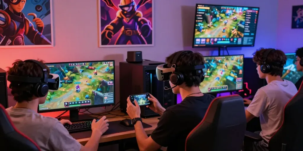 gamers disfrutando de una experiencia interactiva en phuwerte-inwersowia.com, con pantallas vibrantes y tecnología de juegos envolvente