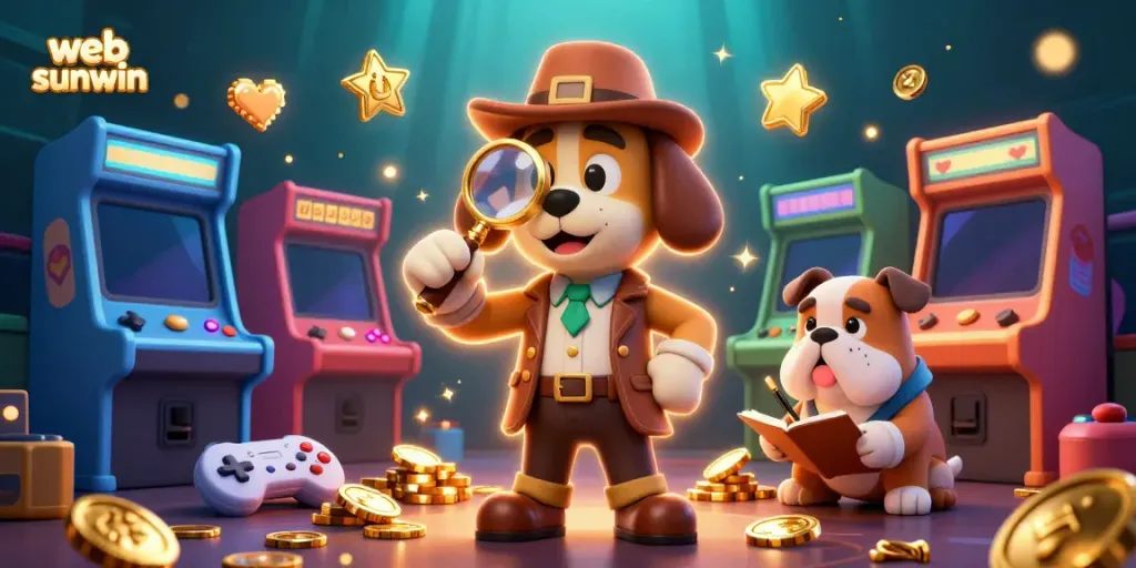 Examine poker chip clues in a vibrant web sunwin casino scene with colorful arcade machines.